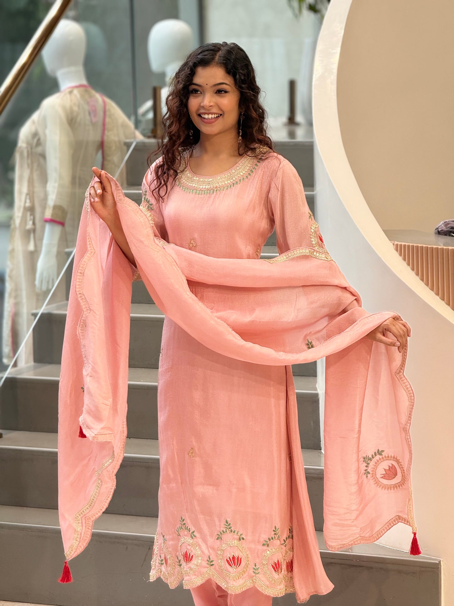 Peach Embroidered Handwork Suit Set with Dupatta