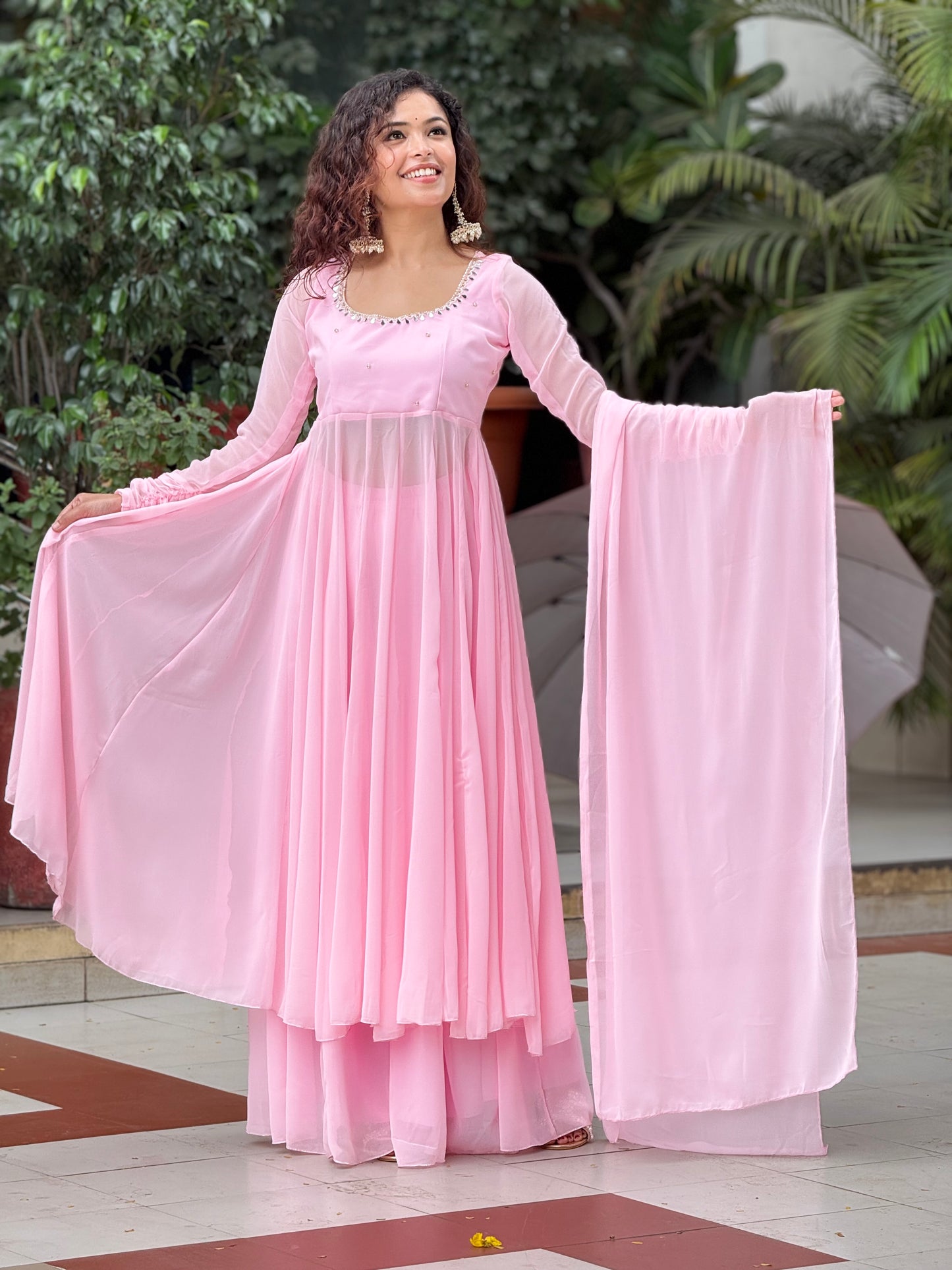 Blush Pink Georgette Anarkali Suit Set with Palazzo & Dupatta