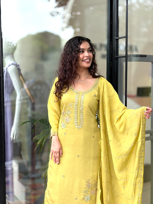 Mustard Yellow Embroidered Kurta Pant Set with Dupatta