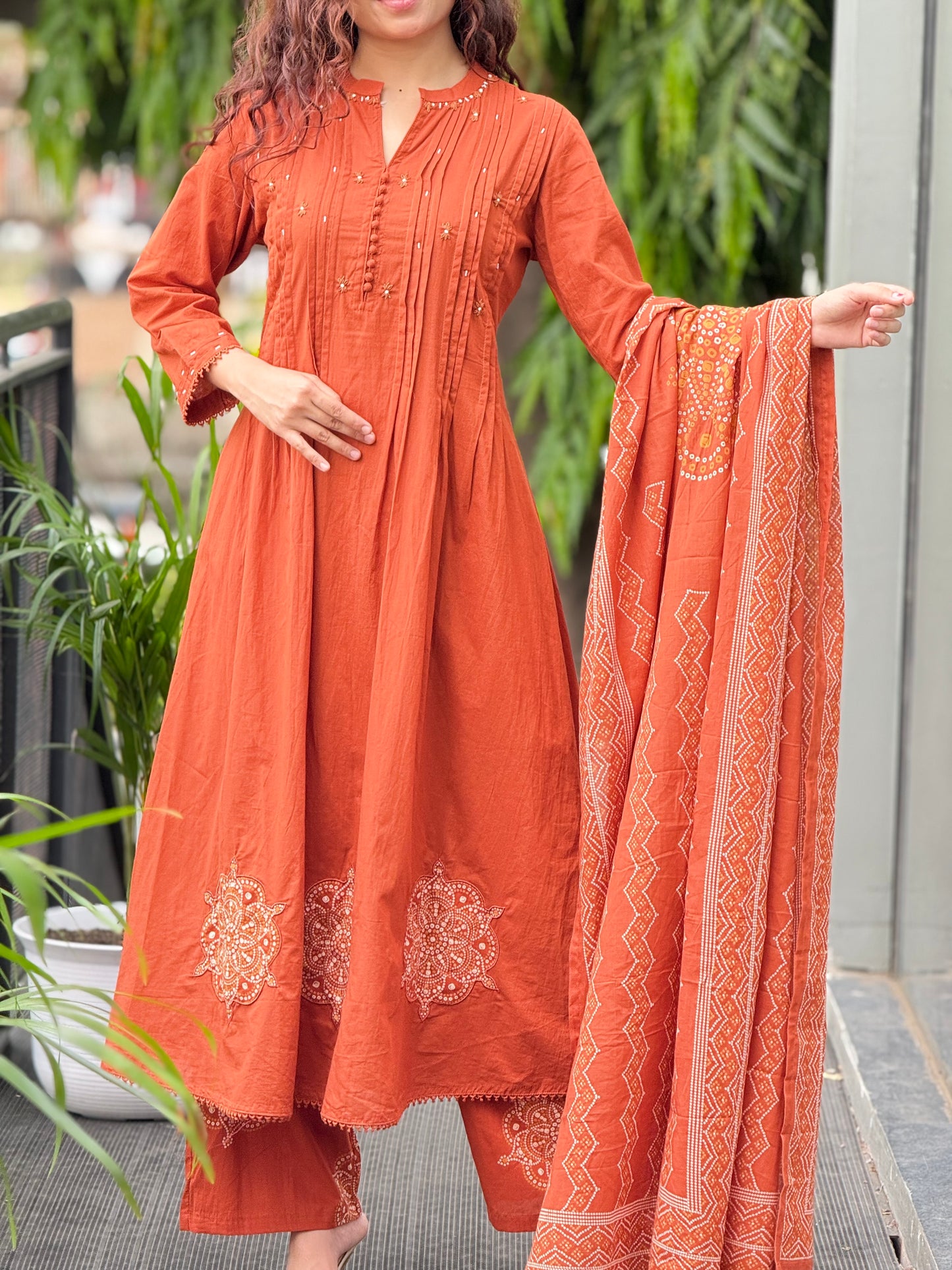 3 piece rust cotton suit set