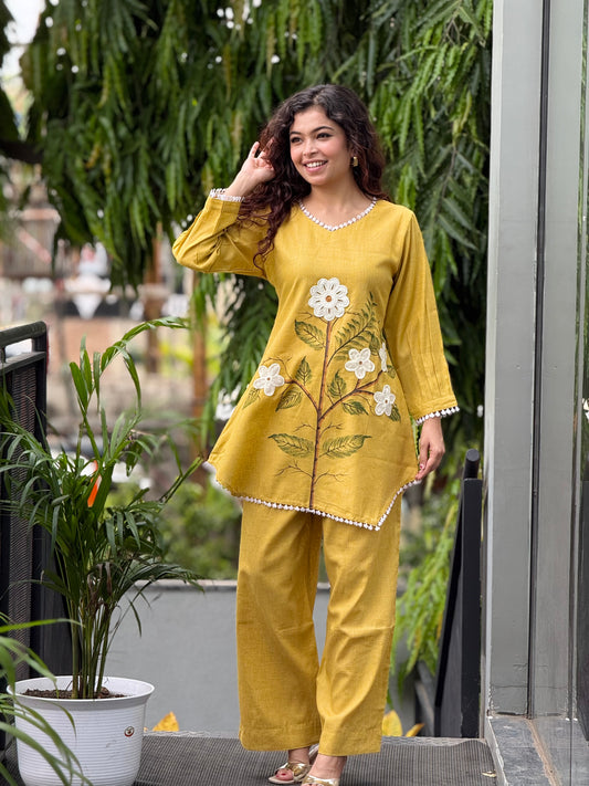 Yellow printed with lace work co-ord set