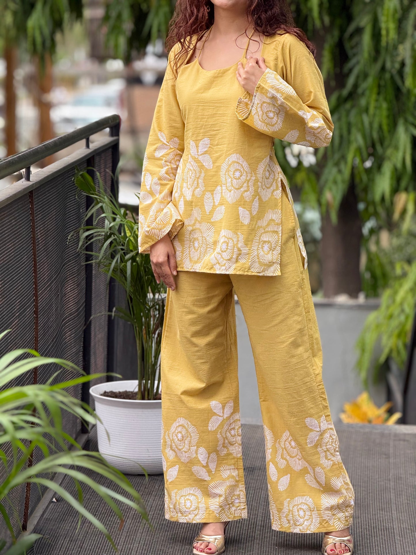 Mustard yellow Floral Printed Cotton Co-ord Set for Women