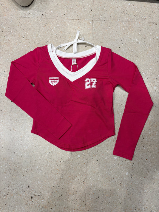 Tie-Up Padded Crop Top β Long Sleeve V-Neck Tee