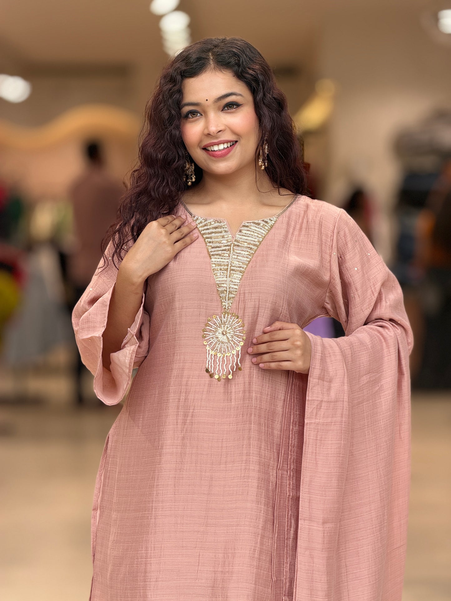 partywear 3 piece suit set with neck stone work embroidered