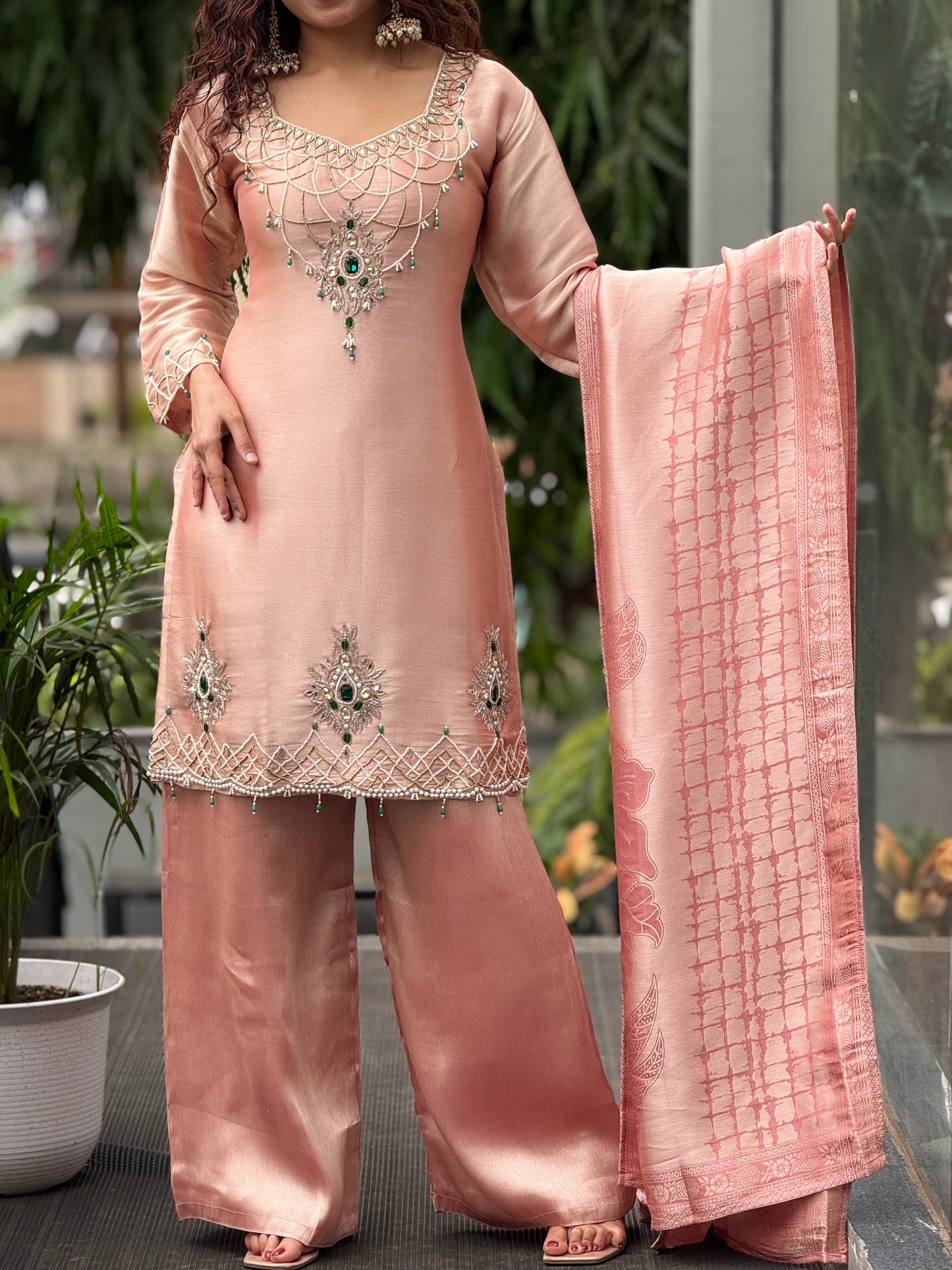 Stone work 3 piece partywear kurta suit set