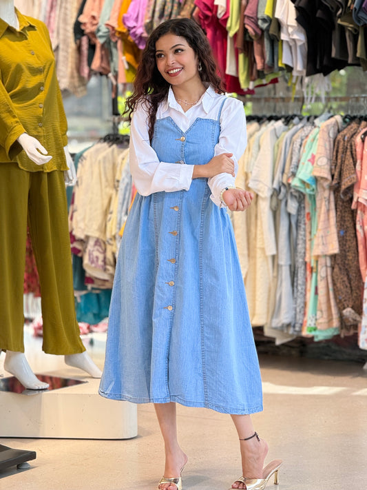 One piece denim dress with white shirt