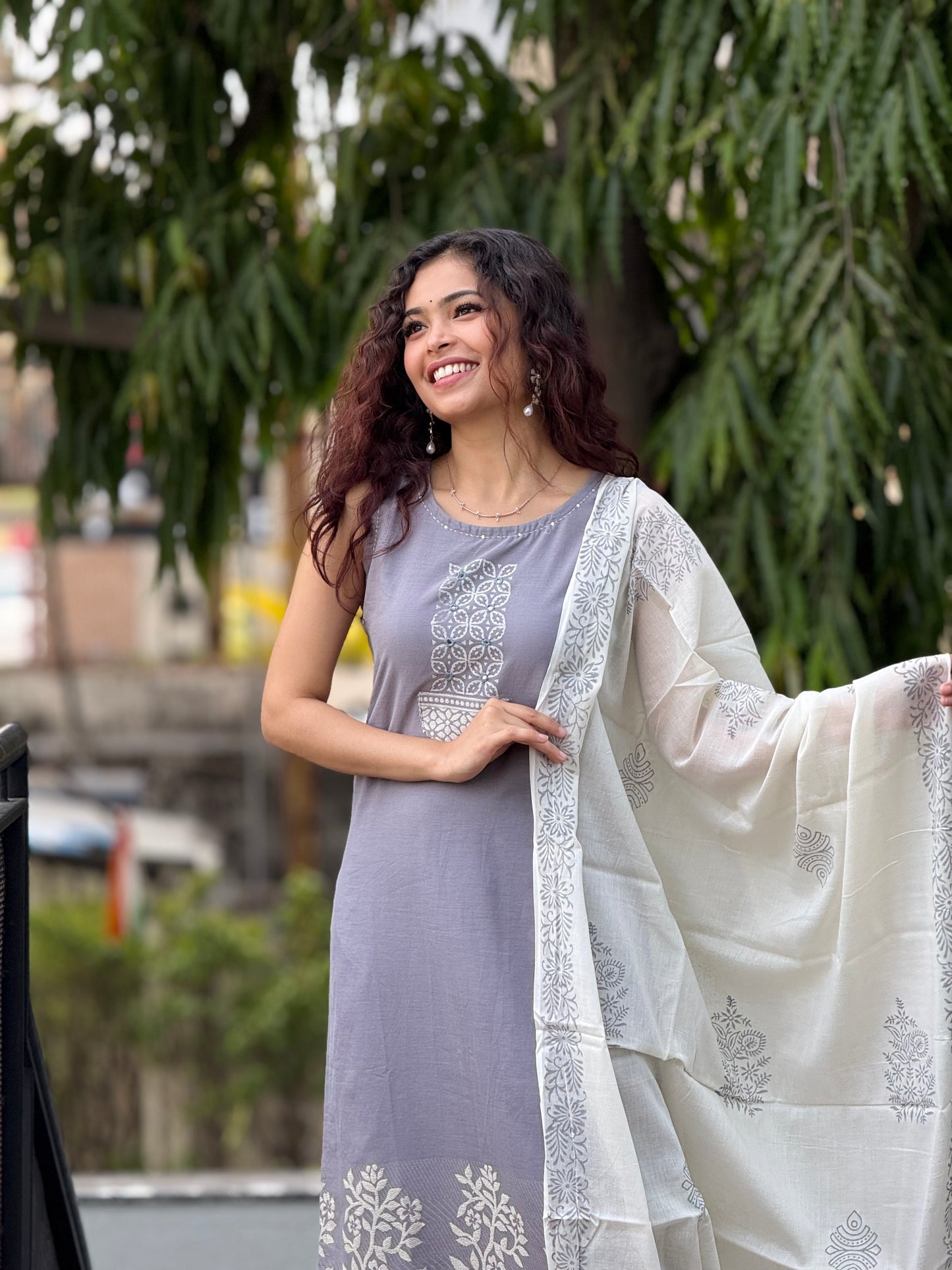 Pure cotton Grey Printed Cotton Kurta Pant Set with White Dupatta for Women