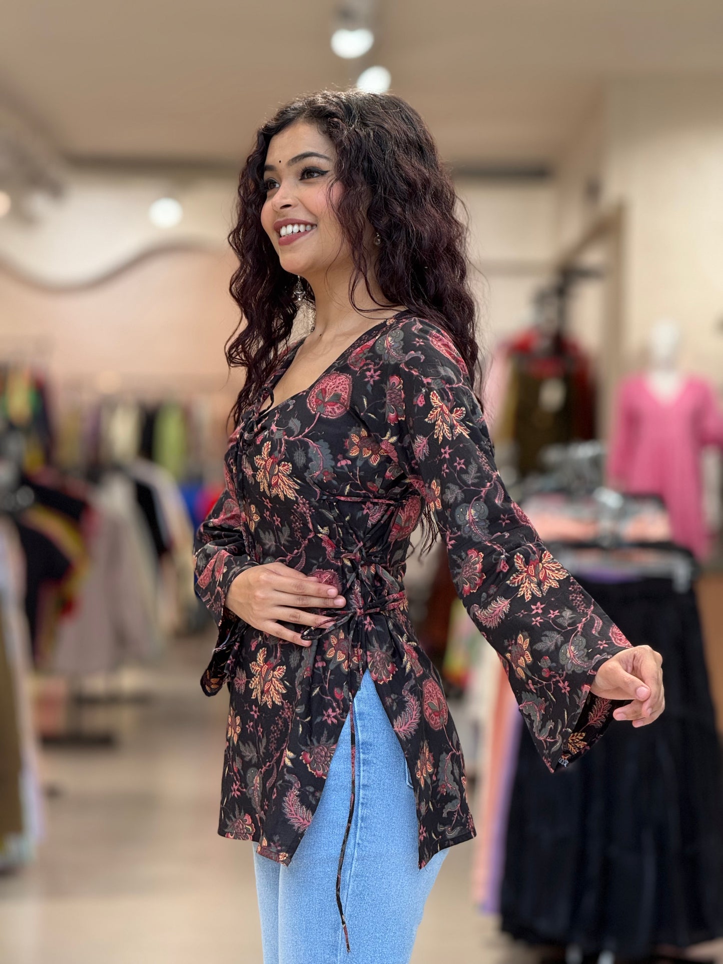 Black short kurti with front and side dori