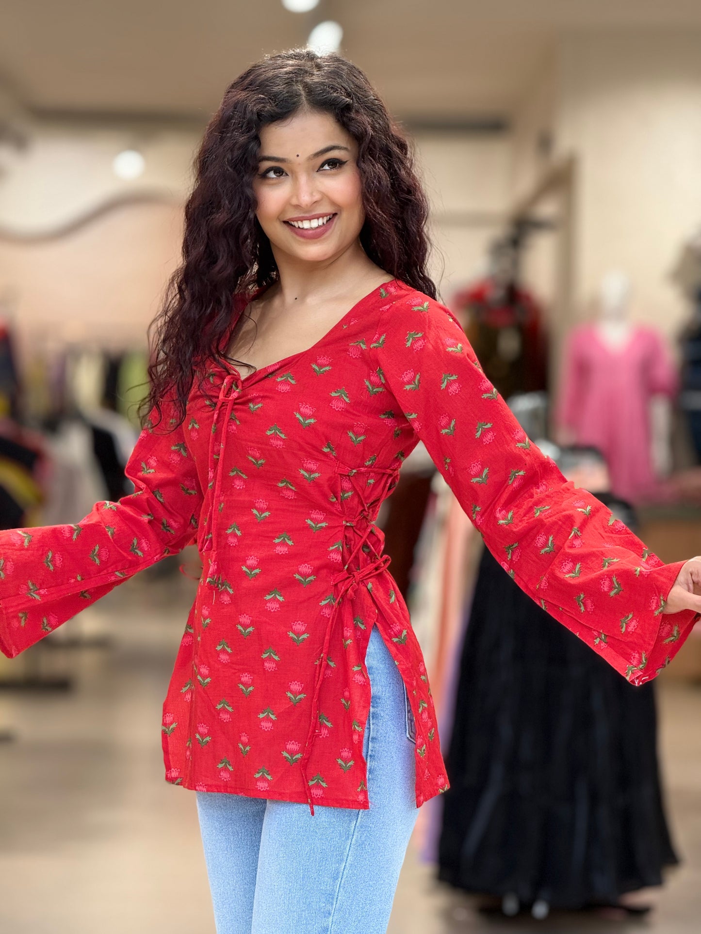 Red short kurti with front and side dori