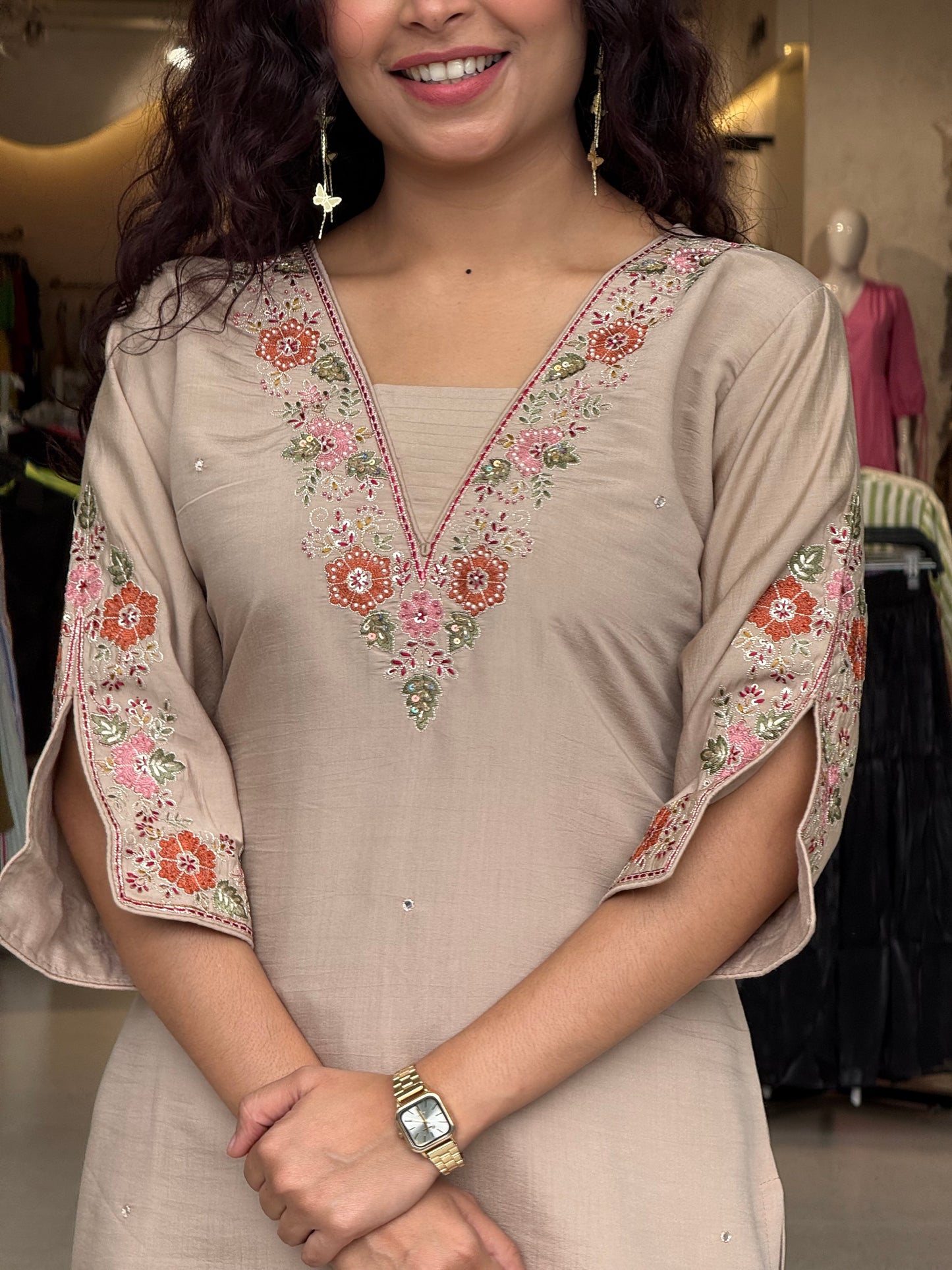 3 piece neck embroidered suit set