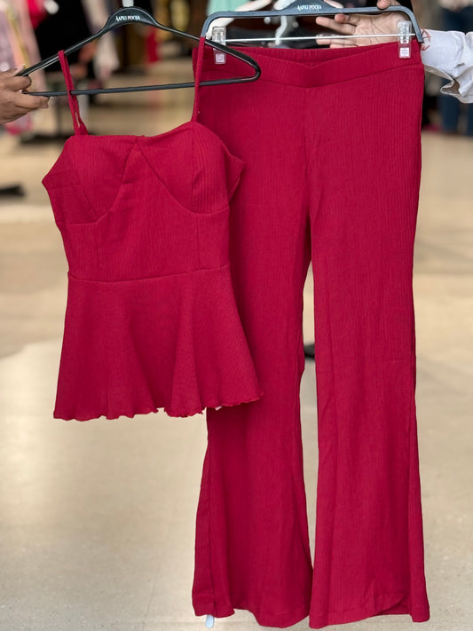 Sweetheart Neck Peplum Top & Flared Pants Co-Ord Set