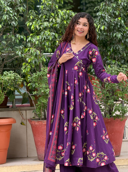 Purple Printed Anarkali Kurta Set with Palazzo & Dupatta