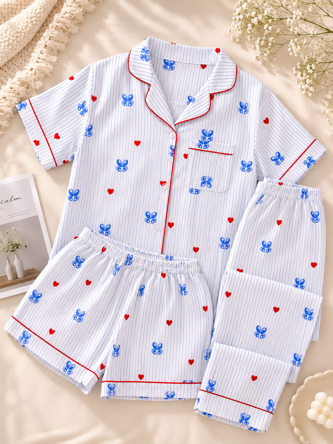 Blue butterfly padded 3 piece night suit