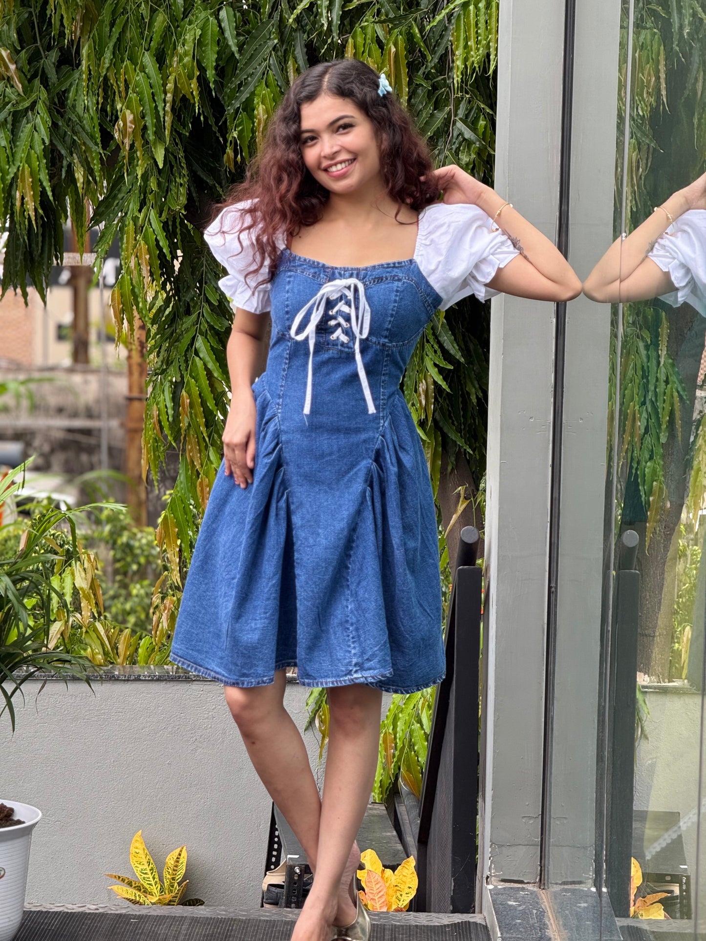 Denim Dress with Puff Sleeves