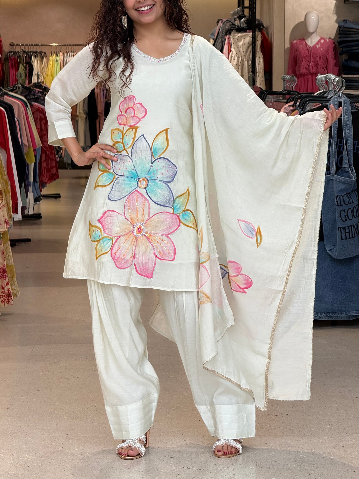 Printed stone sequence partywear three piece suit set
