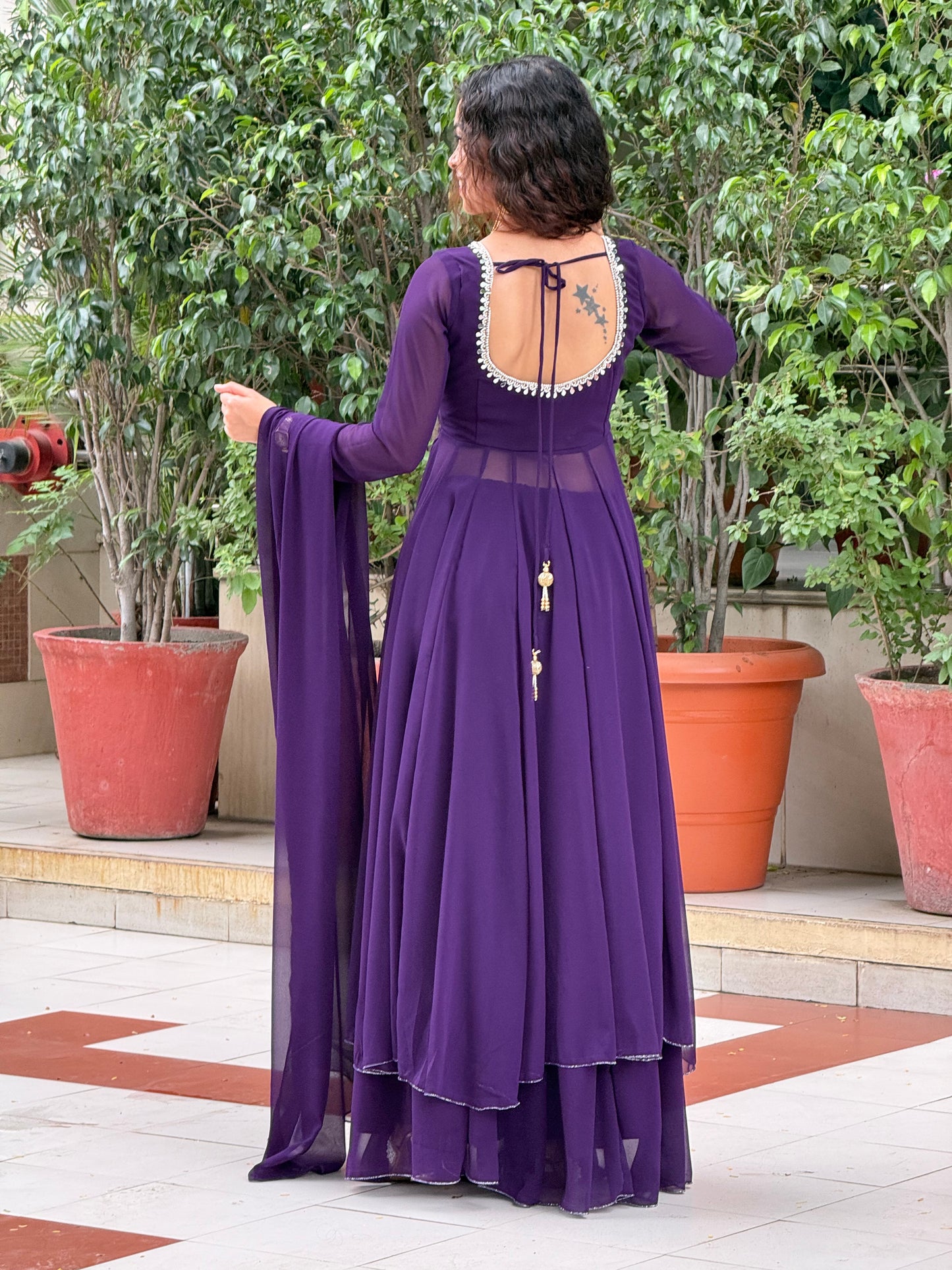 Royal Purple Georgette Anarkali Suit Set with Palazzo & Dupatta