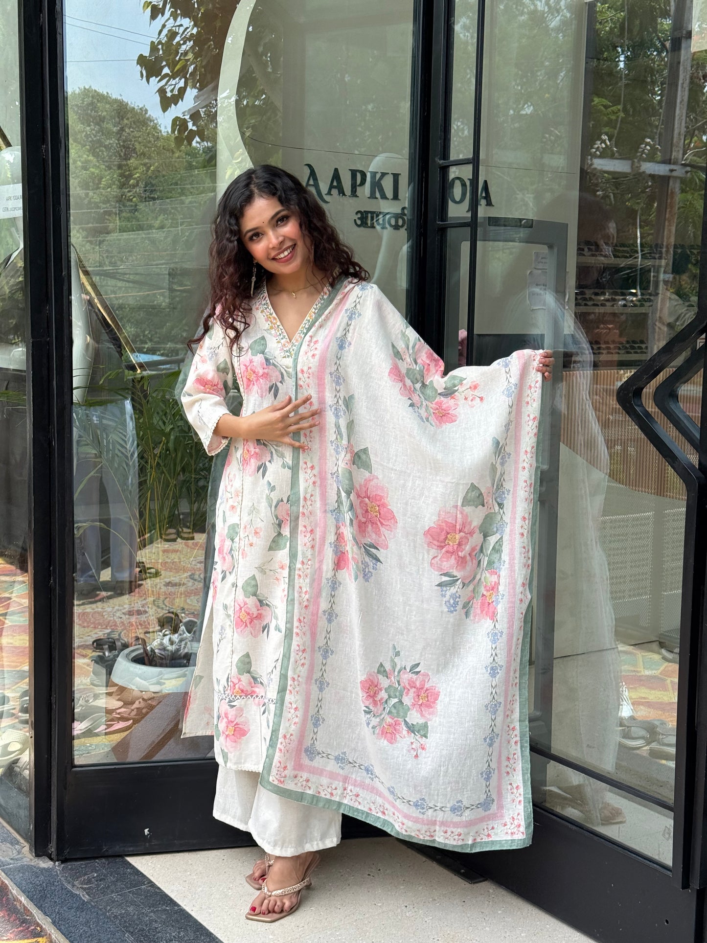 Women Floral Printed Cotton Blend Kurta Palazzo Dupatta Set