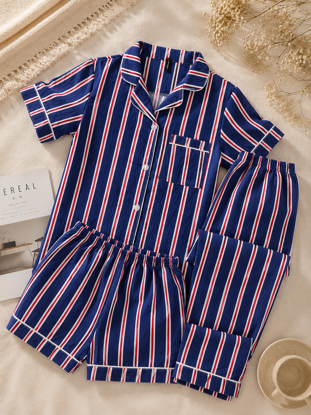 Blue with red vertical lines padded 3 piece night suit set