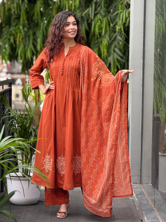3 piece rust cotton suit set