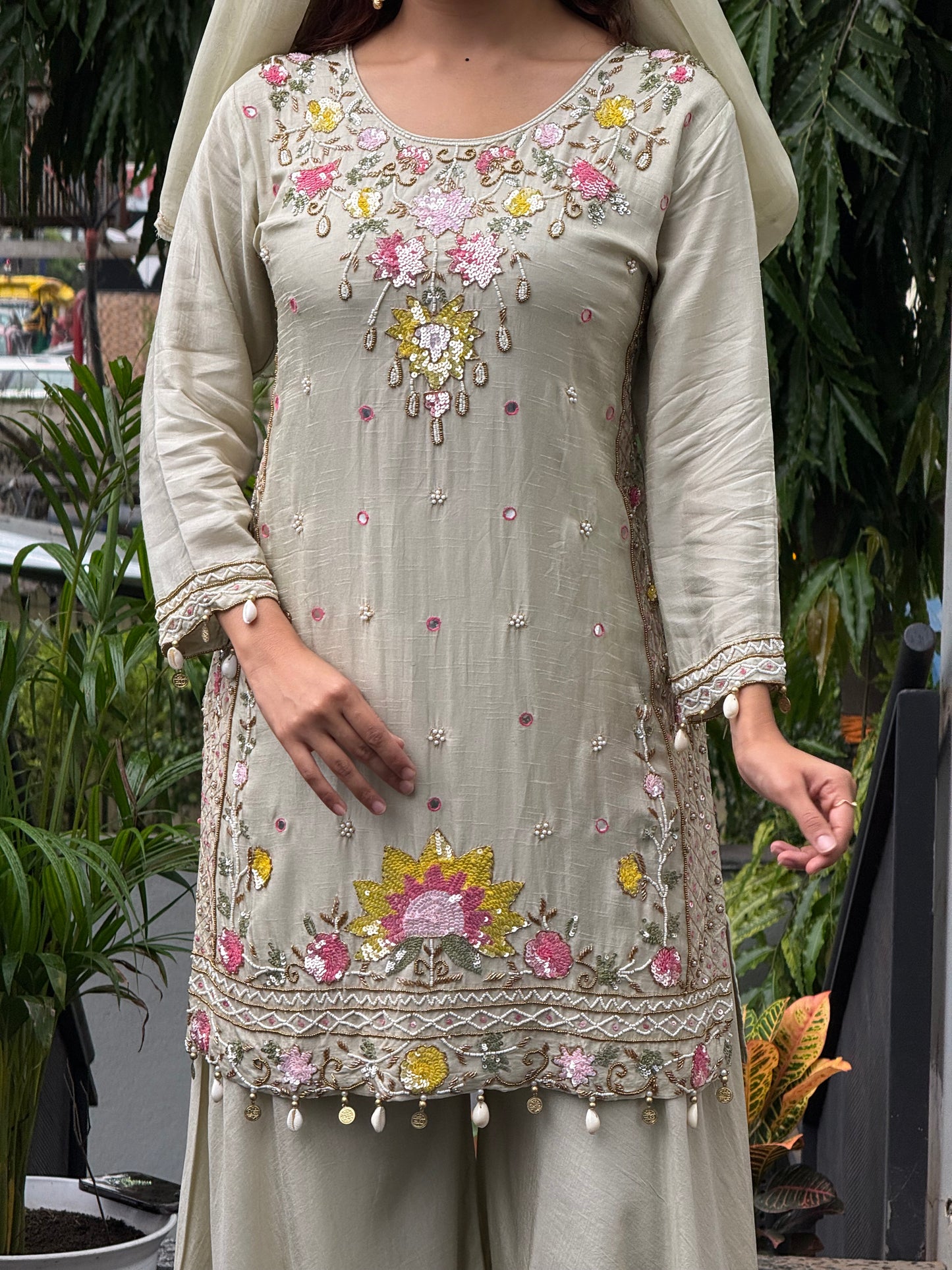 3 piece partywear suit set with neck stone work
