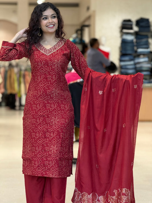 Red v-neck plazo suit set