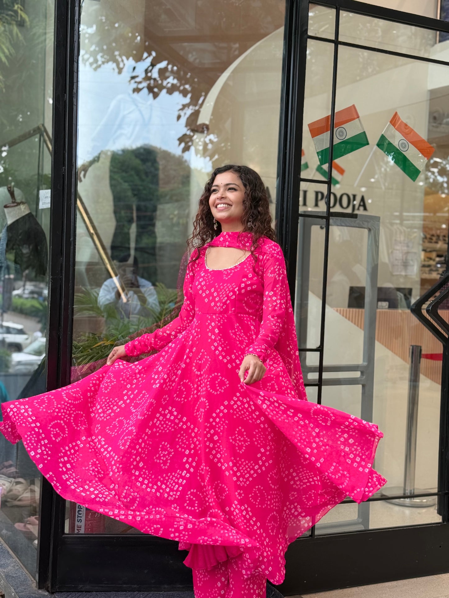 Pretty pink bandhani anarkali suit set