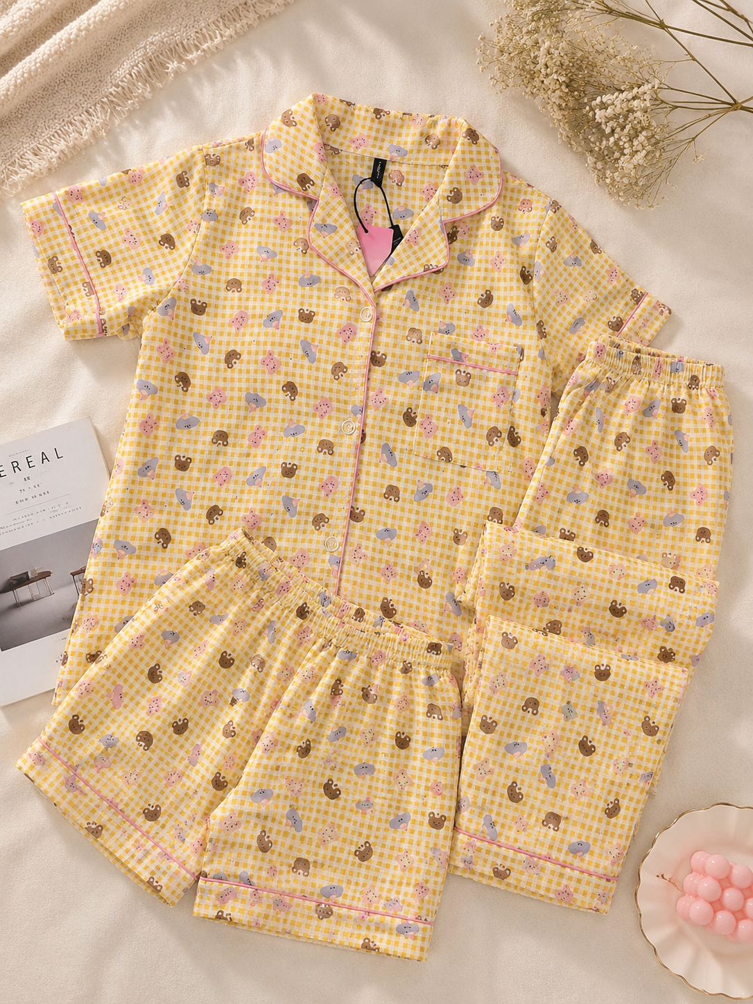 Yellow checks with teddy print padded 3 piece night suit set