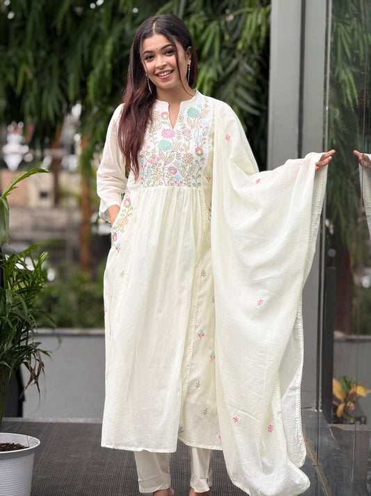 embroidered neck 3 piece cotton suit set