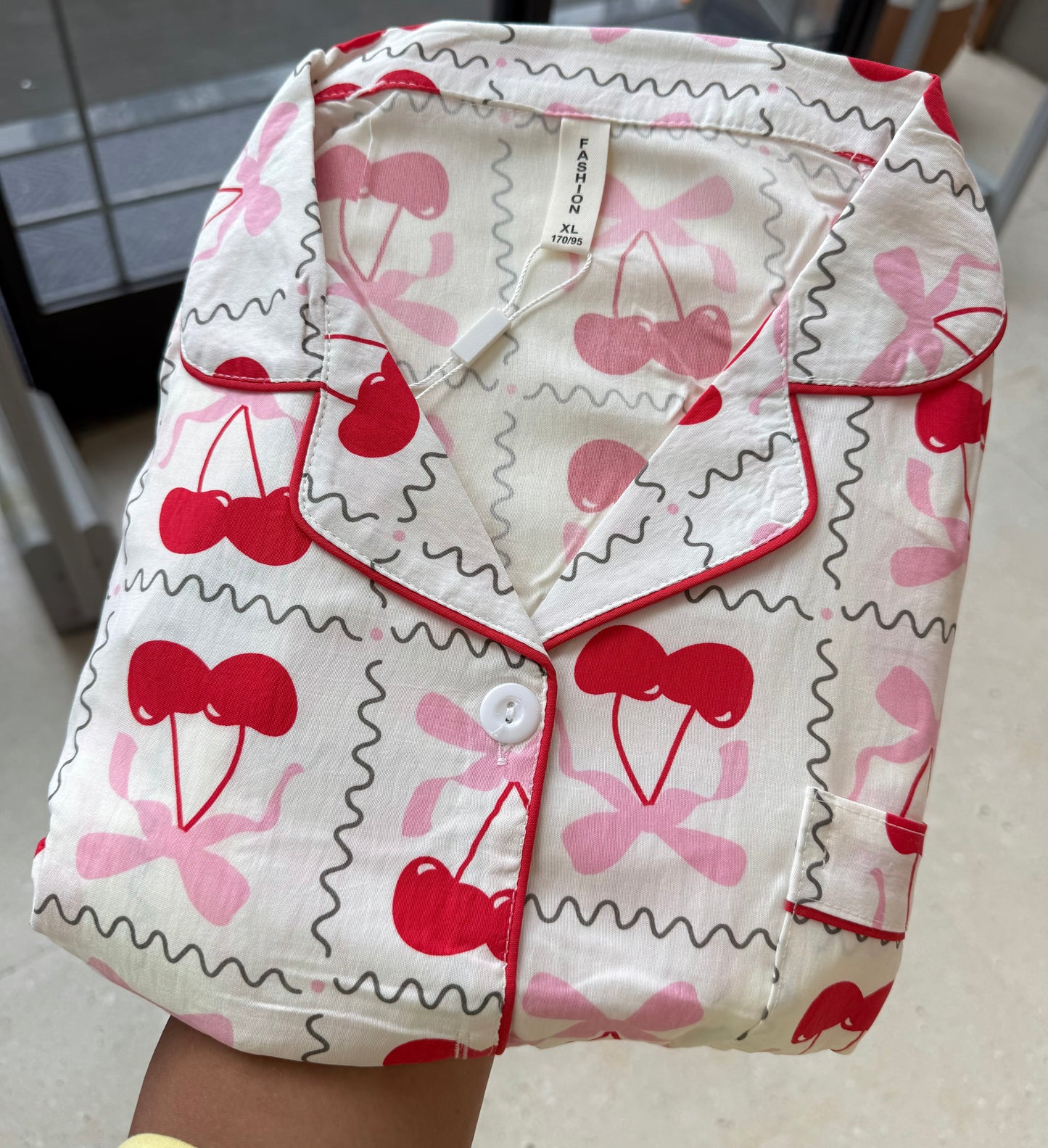 cherry bow print 3 piece night suit set