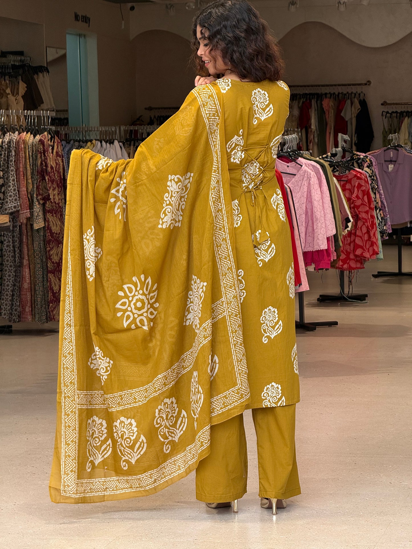 Mustard yellow full sleeves cotton 3 piece suit set