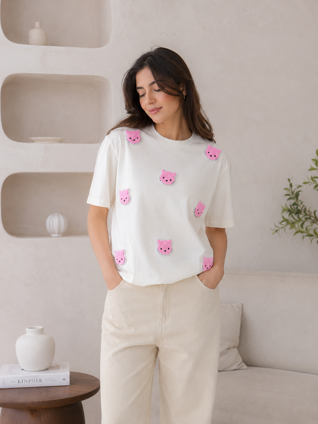 Imported Cute Kitty Patch Oversized T-Shirt for Women