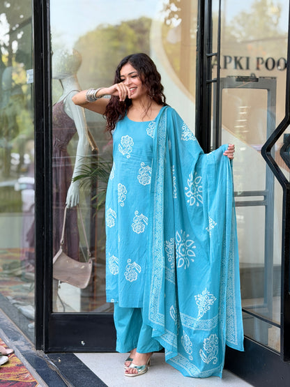 Cotton Printed 3-Piece Suit Set for Women | Kurta, Pants & Dupatta