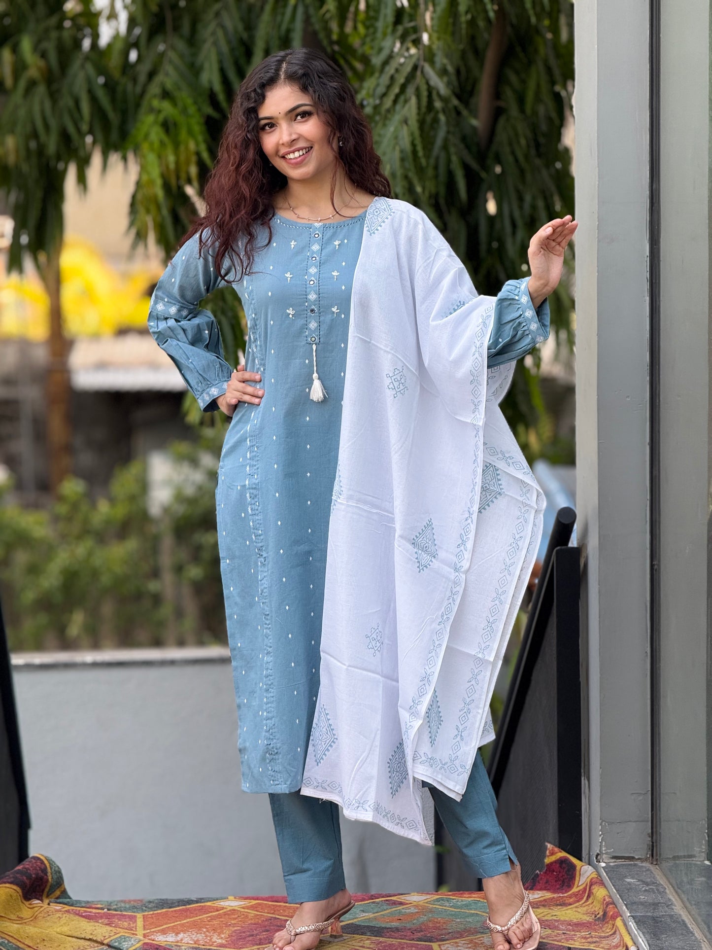 Sky Blue Embroidered Cotton Kurta Pant Set with White Dupatta for Women