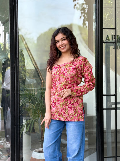 One-Shoulder Printed Cotton  Top