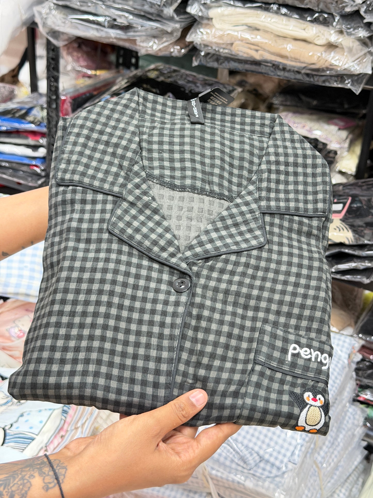 Black checks with penguin print 3 piece night dress