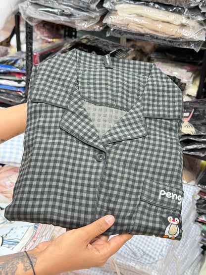 Black checks with penguin print 3 piece night dress