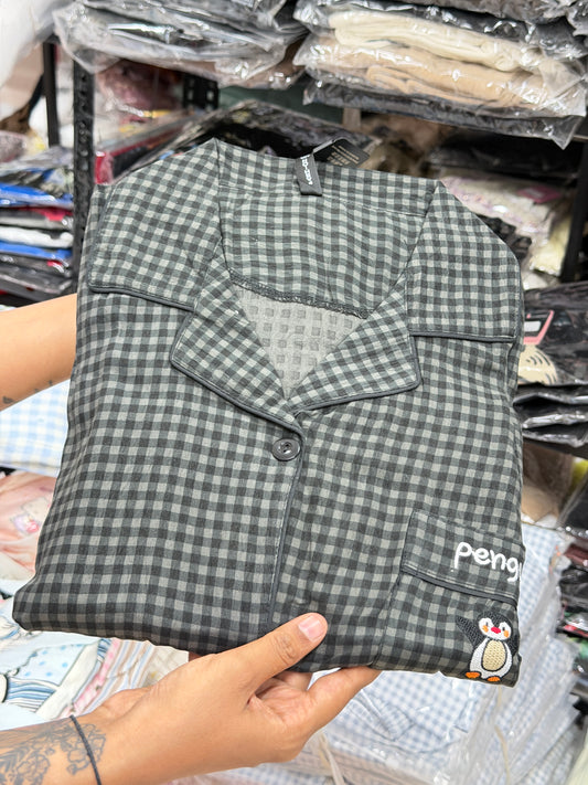 Black checks with penguin print 3 piece night dress