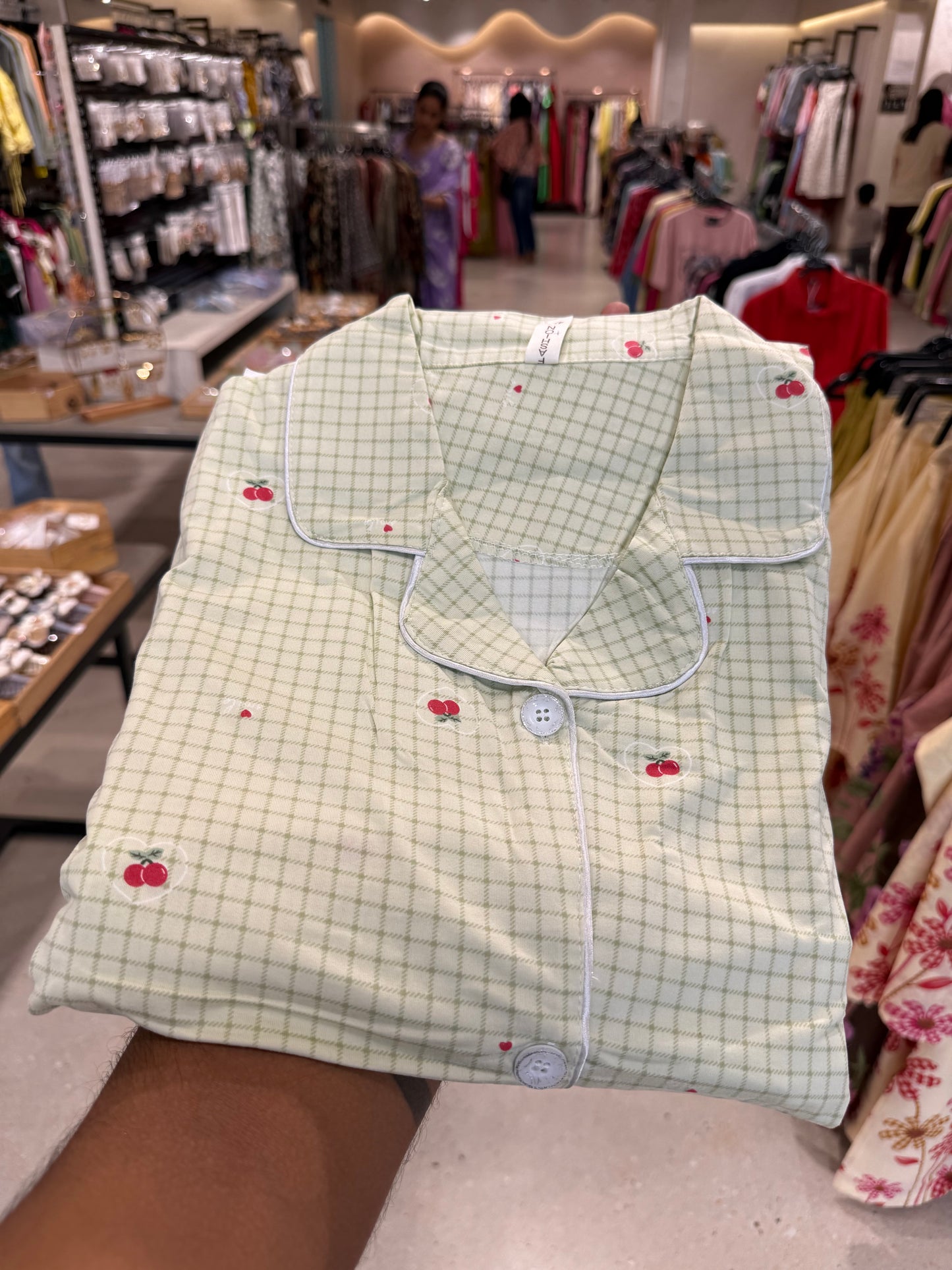 Checks cherry print 2 piece night dress
