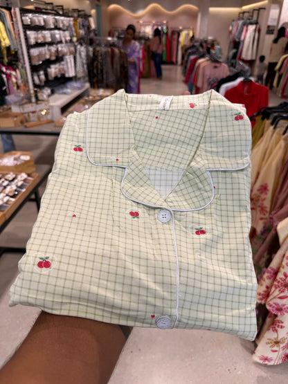 Checks cherry print 2 piece night dress
