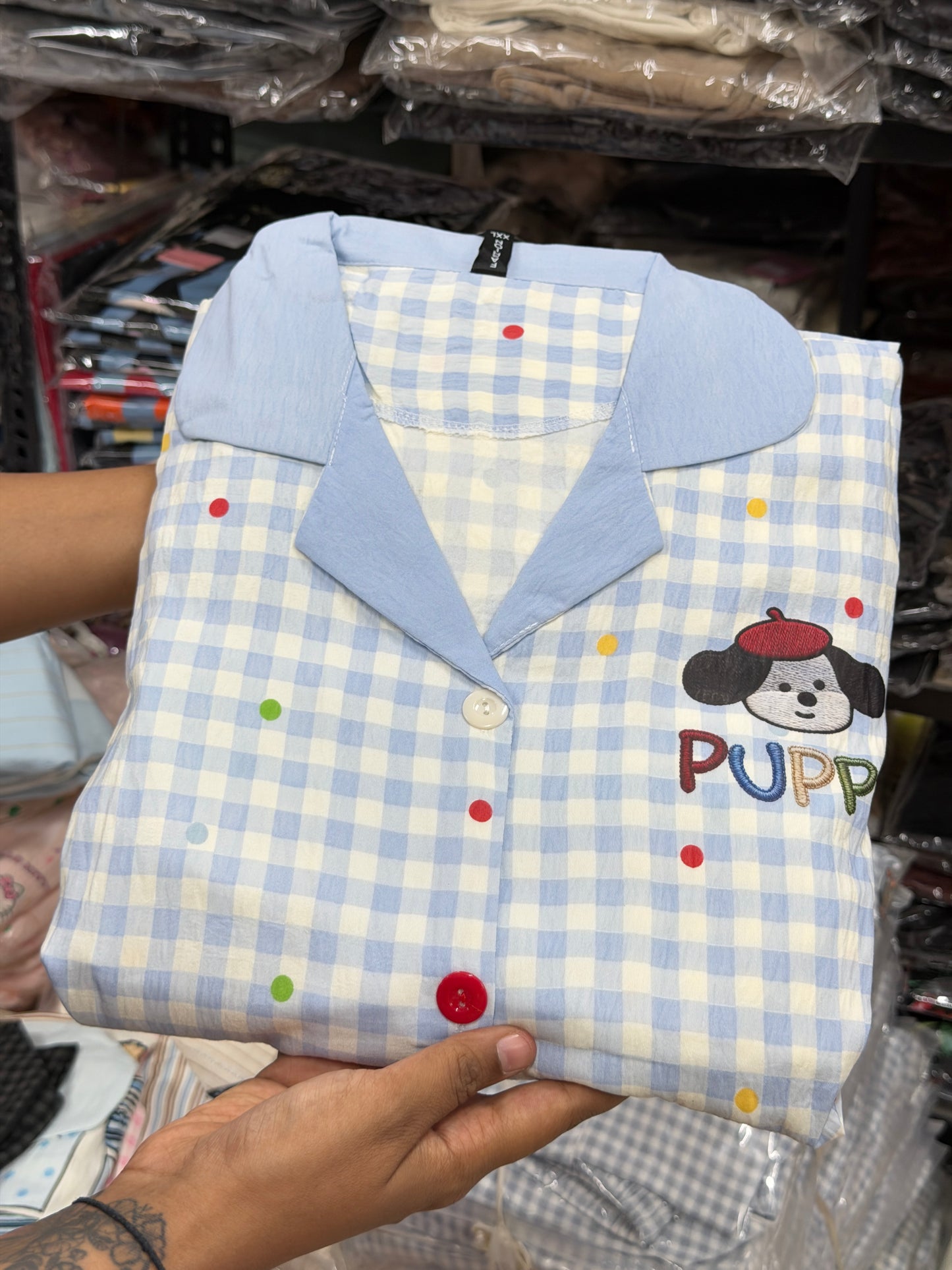 Blue check with colourful dot and cute puppy print 3 piece night dress