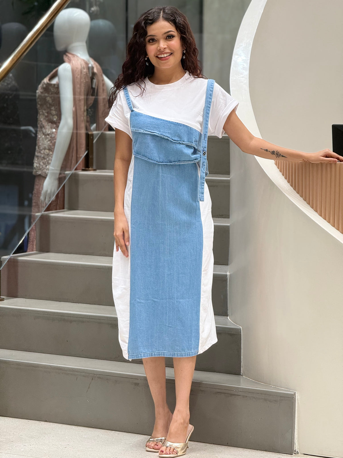 denim one piece inbuilt dungree dress