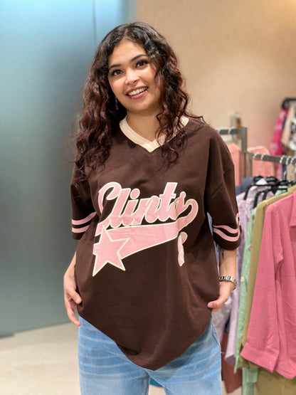 Women’s Oversized Varsity Graphic T-Shirt – Brown & Pink Casual Tee