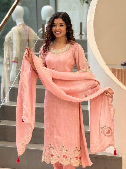 Peach Embroidered Handwork  Suit Set with Dupatta