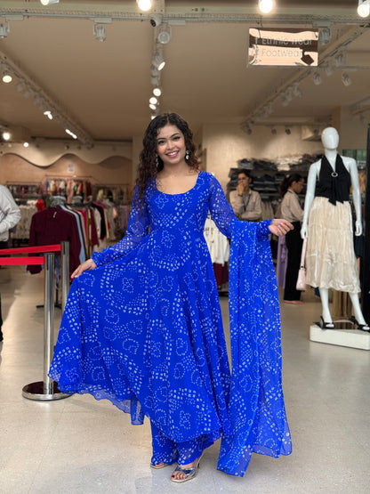 Blue bandhani anarkali suit set.