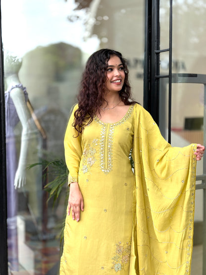 Mustard Yellow Embroidered Kurta Pant Set with Dupatta