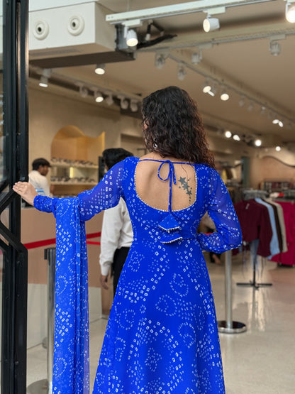 Blue bandhani anarkali suit set.