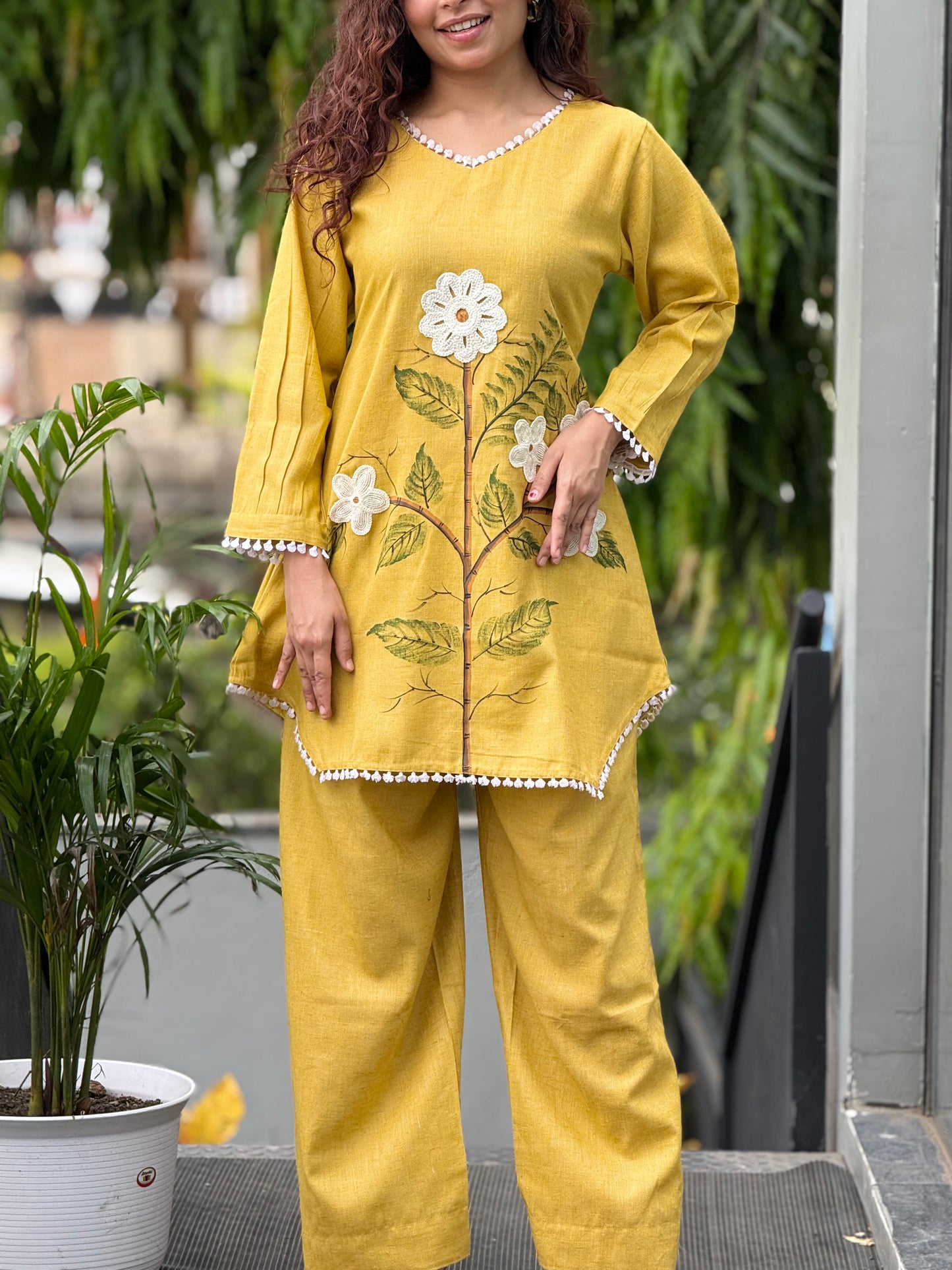 Yellow printed with lace work co-ord set