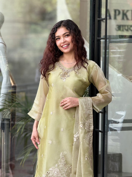 Peach and green Embroidered Kurta Pant Set with Organza Dupatta – Women’s Festive Ethnic Wear
