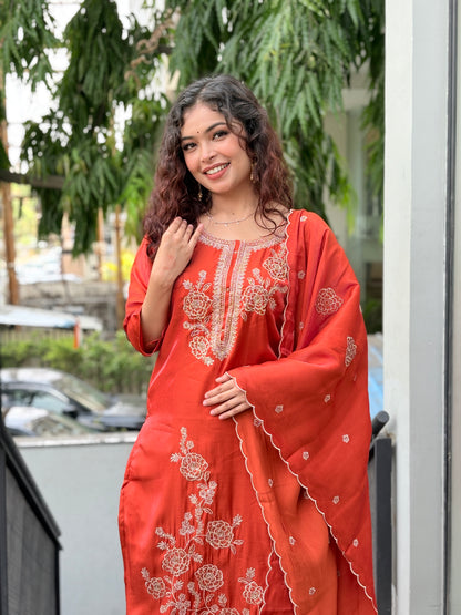 Ruby Red Embroidered Kurta Pant Set with Dupatta