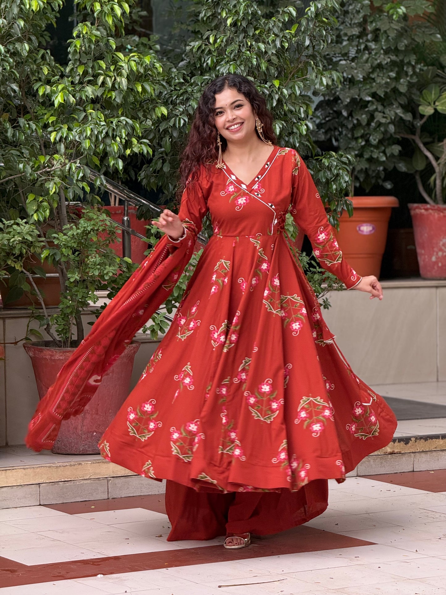 Rust Floral Printed Anarkali Kurta Set with Palazzo & Dupatta